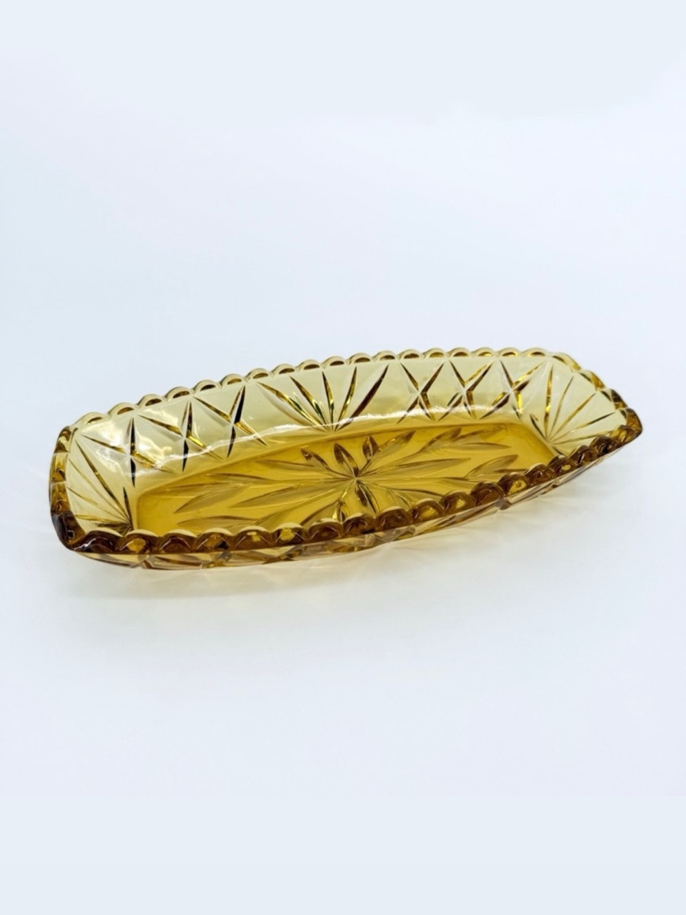 ☀️ 3/$25 Hazel Atlas Amber Yellow Prescut Star & Fan Glass Relish Celery Dish